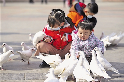 <p>　　小朋友在银川市中山公园喂鸽子，享受快乐时光。</p>